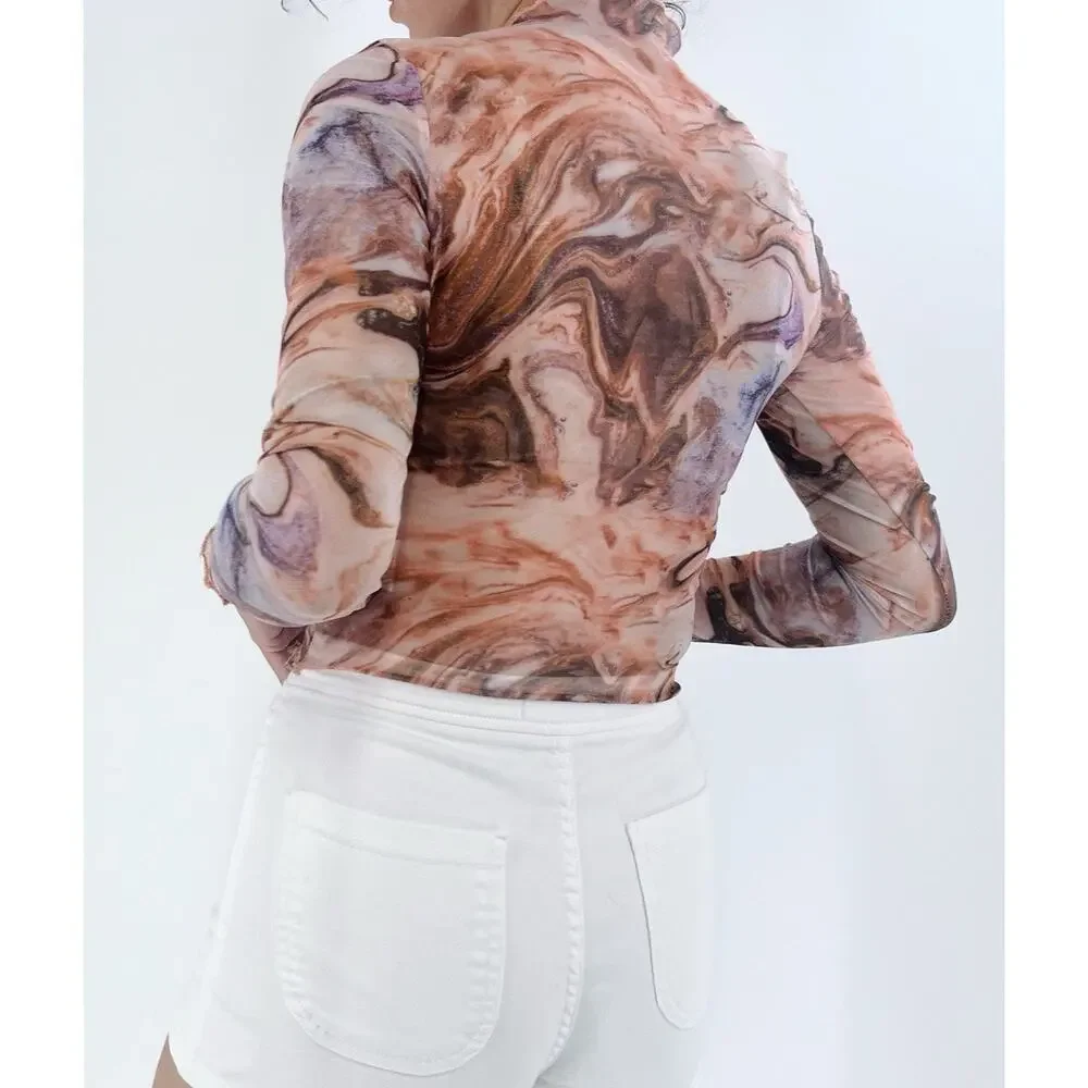 Women's Marble Long Sleeve Sheer Mesh Crop Top Size XS - Picture 2 of 3